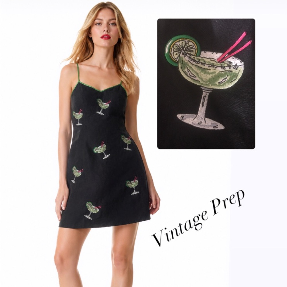 CJ Laing Vintage Late 90’s Black Linen Margarita Print Slip Dress